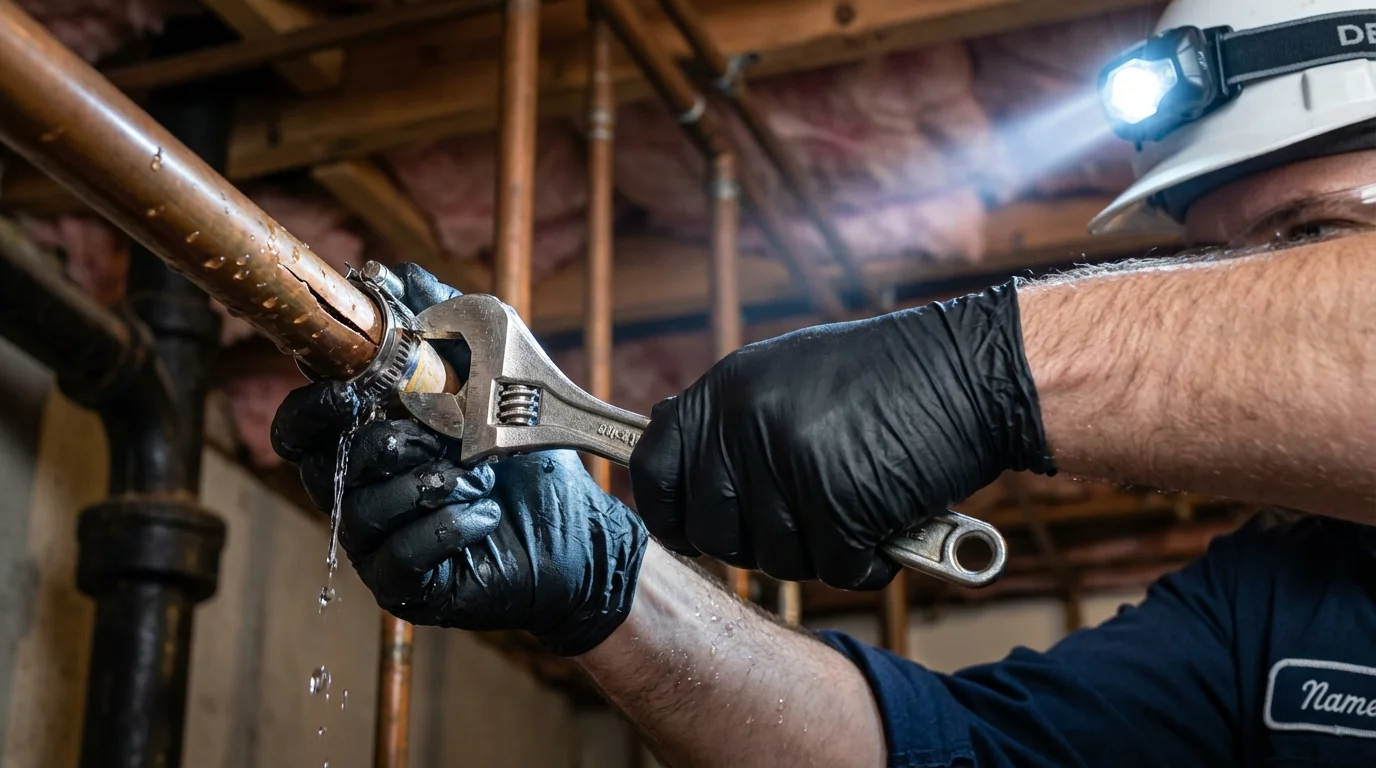 Emergency pipe clamp repair being performed by a Johns Plumbing LLC plumber in Walnut Creek