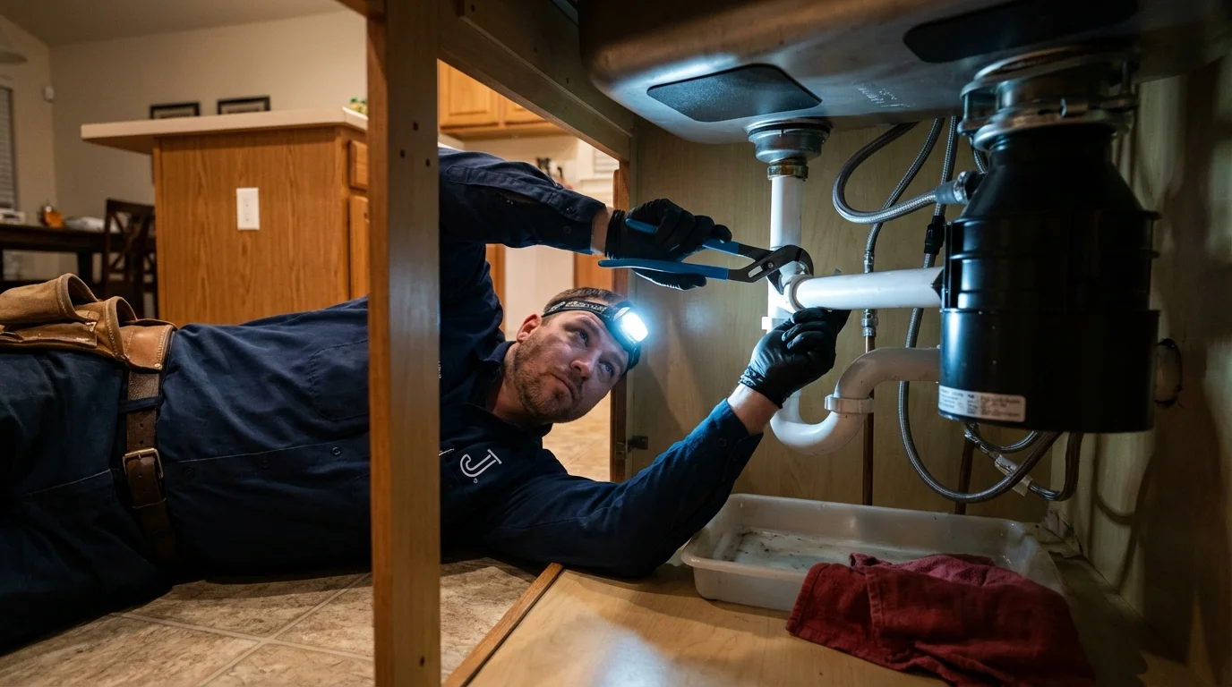P-trap and supply line connections under a kitchen sink showing a common leak point in Walnut Creek, CA